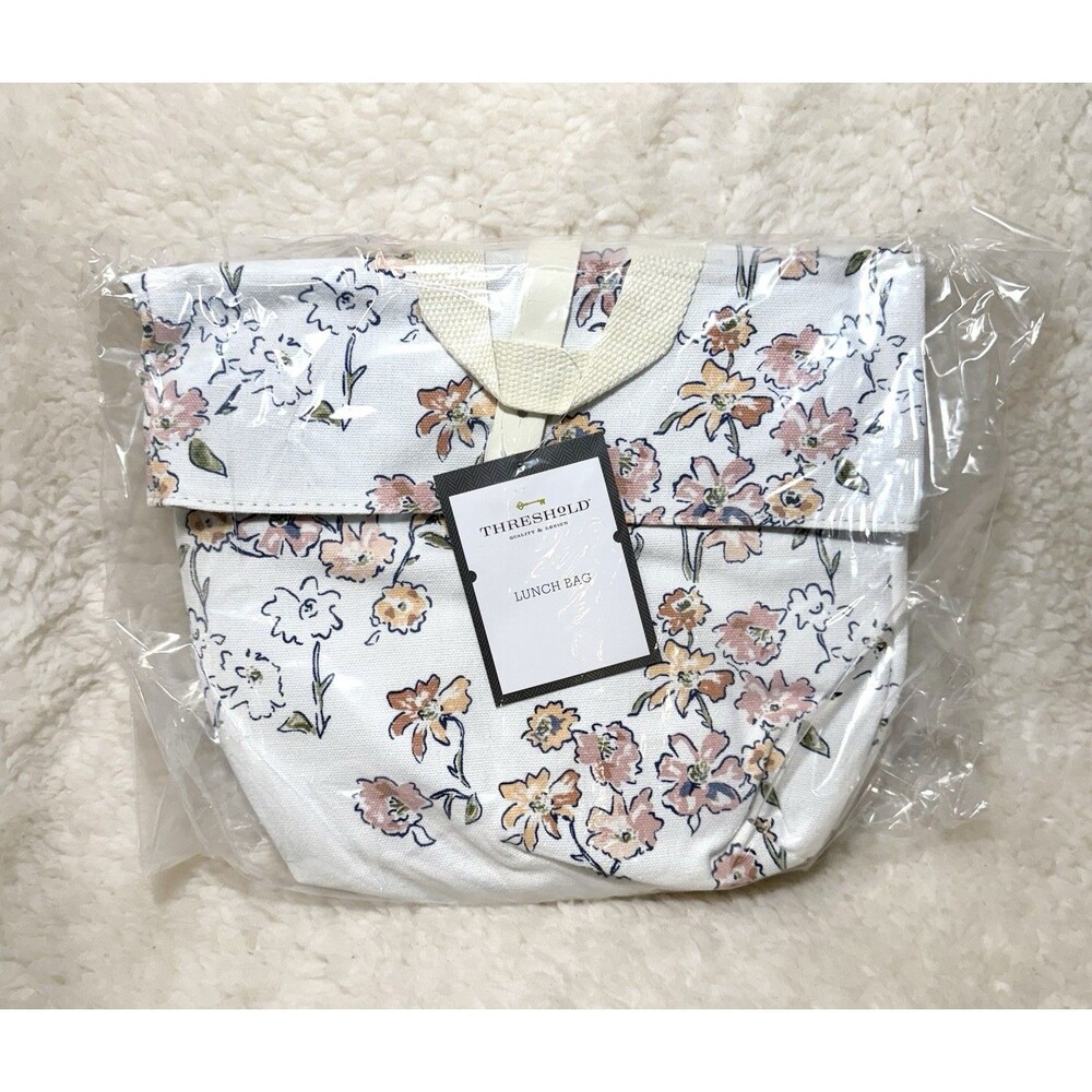 Threshold Printed Roll-Top Lunch Bag Floral Lunch Tote White/Cream NEW - Picture 2 of 3
